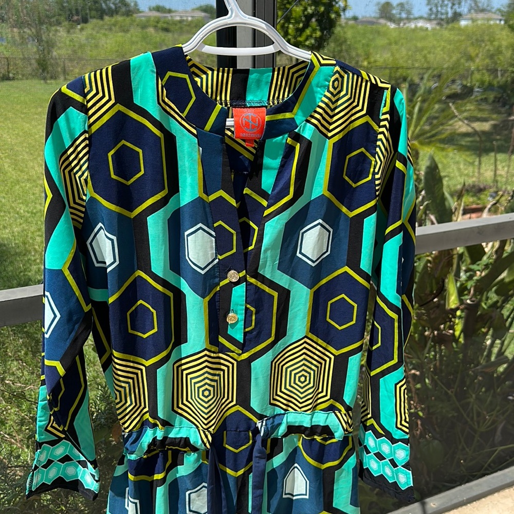 Tracy Negoshian midi long sleeve dress with belt tie - geometric print - small